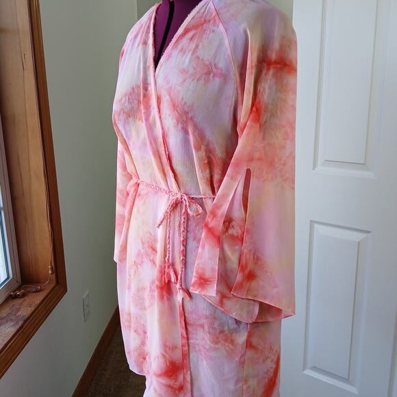 Josie Natori Sheer Fringed Kimono Robe Swim Cover XL pink tie dye X92979 open - Picture 1 of 11